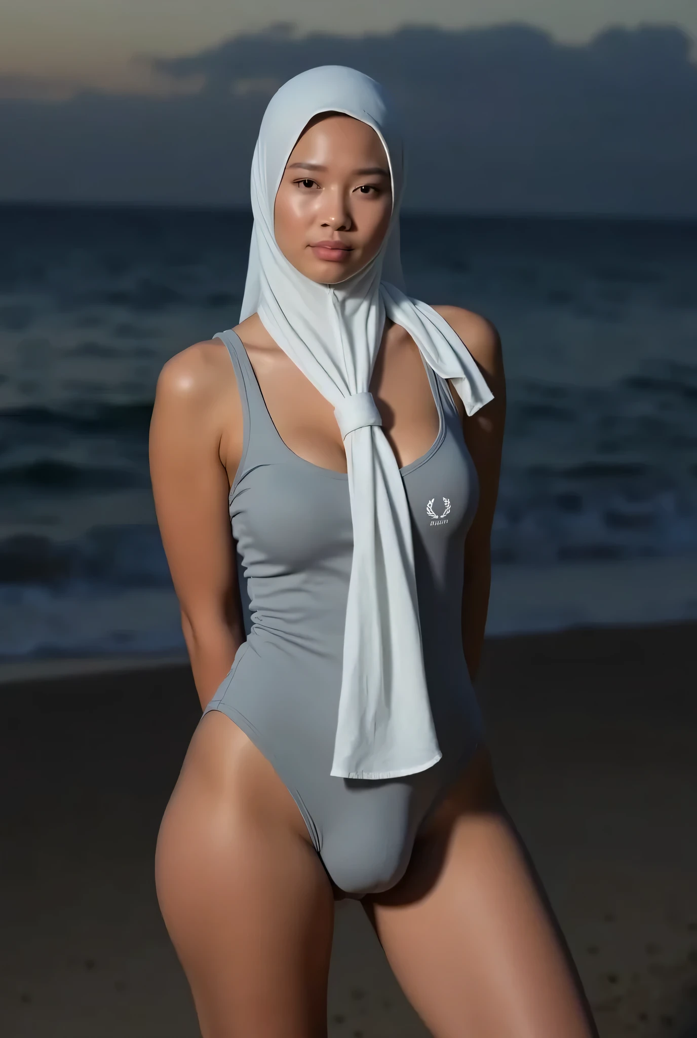 mira filzah, hyper realistic, lifelike texture, dramatic lighting, Nikon RAW photo, 8k, Fujifilm XT3,CitrineDreamMix, masterpiece, best quality, realistic, (photorealistic:1.4), ultra detailed, extremely detailed face, solo,1 malay hijab girl, wearing hijab,standing, holding microphone, in concert stage, (smile:1), wet white super thin transparent swimsuit, nipple protruding, (((cameltoe)))