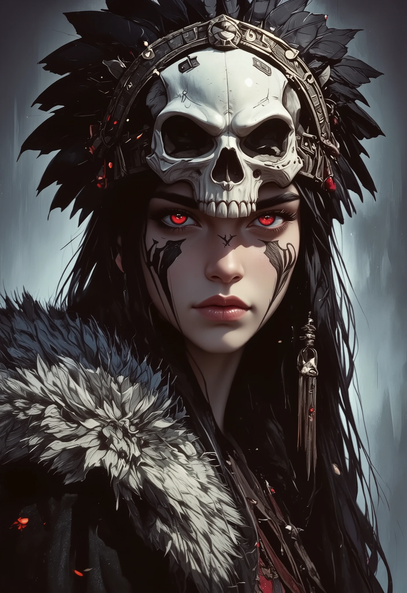 Digital painting in dark, Atmospheric style, depicting a mysterious woman with the aura of an ancient world. The subject is a woman with fair skin and striking, with glowing red eyes, who, Seems, pierced dim light. Her long, dark hair falls down her back, decorated with a large, sticks with a richly decorated black feather headdress and a prominent. scull, }, is exquisitely detailed with sharp, threatening teeth and an empty eye socket, adding an eerie atmosphere.
Her face is decorated with, tribal, , including a dark, geometric patterns around her eyes and mouth, enhancing her otherworldly appearance. She wears a heavy, fur cape, that falls on her shoulders, fur-textured, finely crafted, Detailed brushstrokes. The cloak is dark, almost black, blending harmoniously with with a dark background,.
The background is a gradient of dark gray and blue tones, with thin, thin stripes of light, who намекают на туманный, ethereal world . Soft lighting, but dramatic, throwing subtle highlights and deep shadows, who подчеркивают контуры ее лица и сложные детали ее головного убора и накидки. The overall mood is dark, hair mystical , and haunting, evoking a sense of antiquity, forgotten legends.