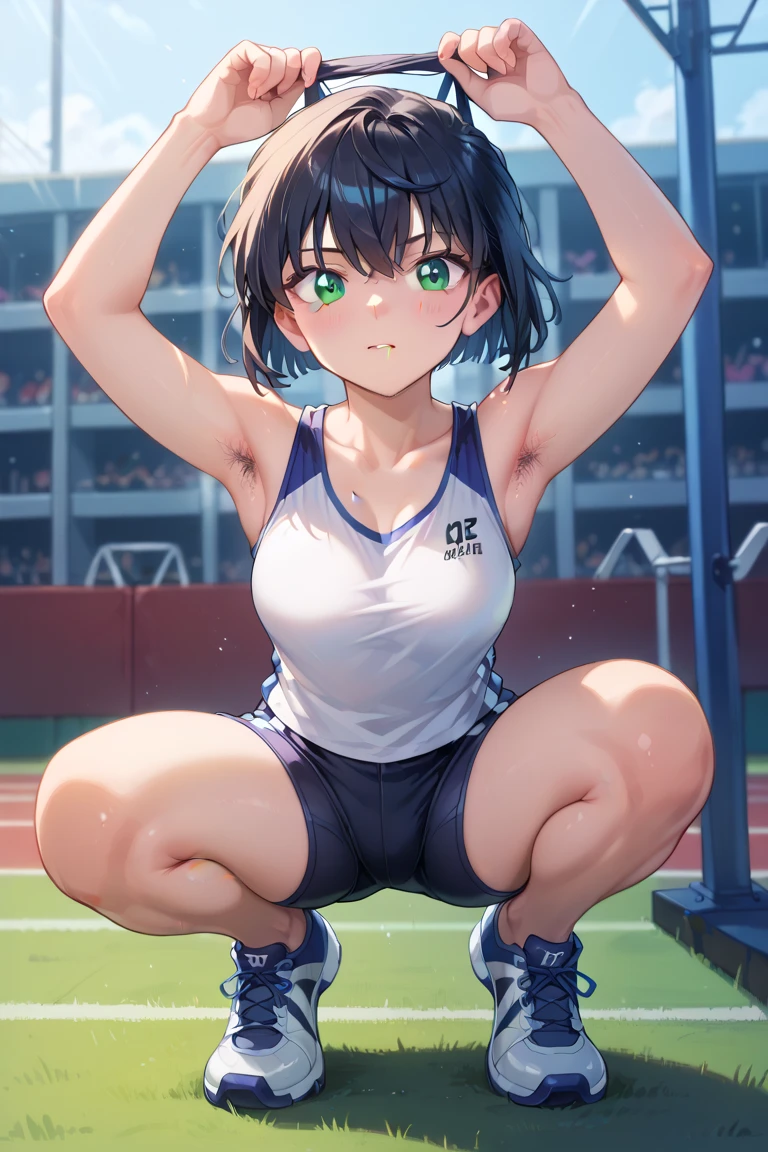 Unity 8K Wallpaper, Masterpiece, Best Quality, Ultra Detailed, Extremely Detailed CG, Ultra High Resolution, Caustics, Detailed, Beautiful Detailed Eyes, solo, (portrait:1.3, athletics stadium, feminine muscles, bloomers, arms behind head), sitting, smile, brown eyes, short hair,
