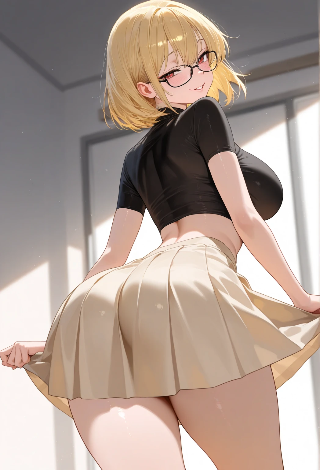 High resolution, Very detailed, perfect lighting, beautiful detailed eyes, ((masterpiece,Best Quality)), absurdities, alone, princess zelda, by the width, crown braid, Hair clip, pointy ears, Gloves without fingers, black gloves, smile, curves, nod, , deep neckline, deep neckline, black school uniform with white details,short skirt, visible underwear, pink thong, black uniform, black shirt with pink bow, touching her breasts in a sexy way, Close up, Primer plano frontal, touching her breasts in a sexy way, view from behind, big butt