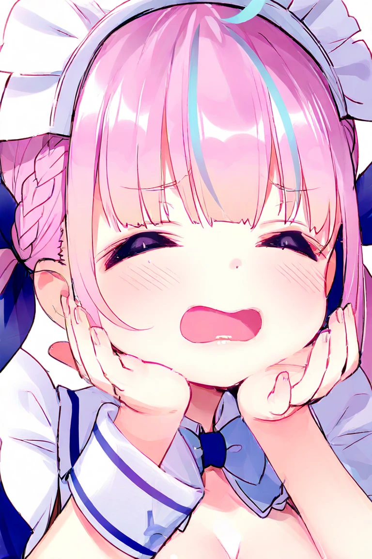 Minato_Aqua, twintails, drill hair,maid headdress, cleavage, short sleeves, blue bow, wrist cuffs,big breasts ,,,score_9, score_8_up, score_7_up,best quality, official art, official style,source_anime,,,,,1girl,solo,back lighting,in bedroom,heavy breath,shiny skin,sweat,half-closed eyes, (from below), (saliva,spitting,saliva drop:1.2), pov ,spitting, long_spit,(saliva falling towards viewer,learning forward,portrait:1.3),all fours(,saliva on viewer,spitting at viewer:1.2),ceiling,,(big head,small body),cowgirl position,1boy,vaginal,penis in pussy,puckered lips, embarrassed,