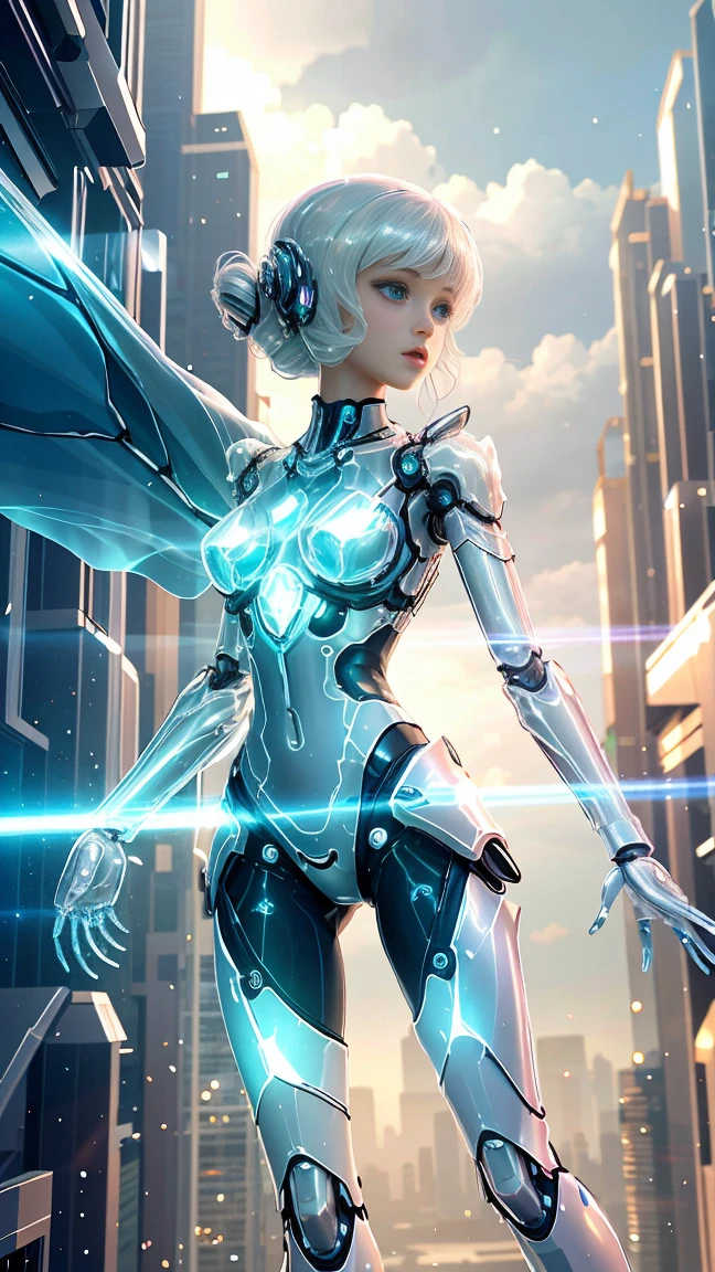 Translucent ethereal mechanical girl,Futuristic girl,Mechanical joint,futuristic city background