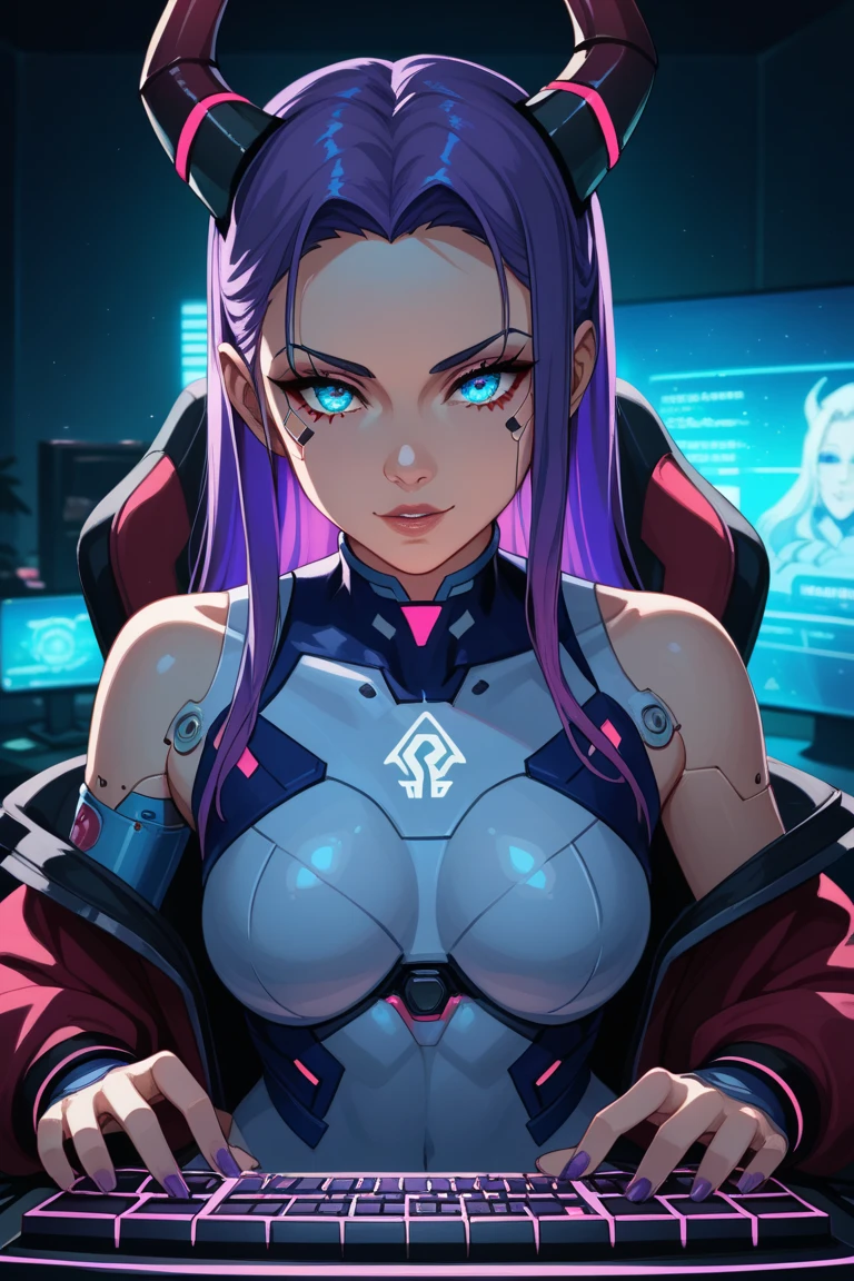 there is a woman with white headset with horns on the top, with Black and purple hair with a Wolf Cut style, green eyes, look tired, smile a little  a laptop, alena aenami and artgerm, artwork in the style of guweiz, digital anime illustration, lois van rossdraws, digital art ilya kuvshinov, seductive anime girl, style artgerm, graphic artist artgerm, inked digital, artgasm