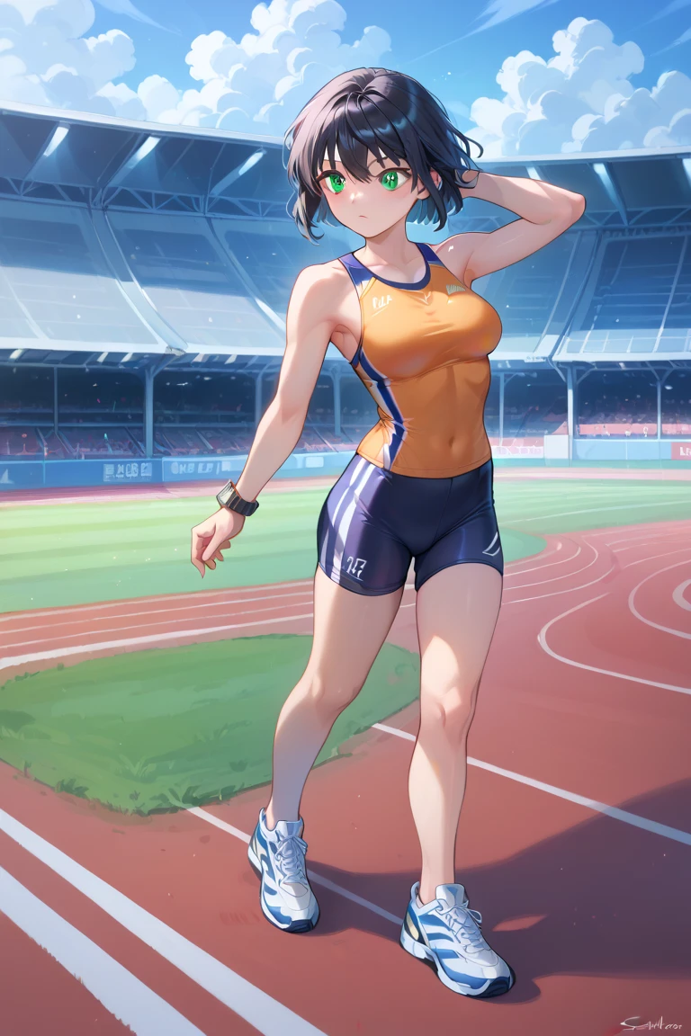 ((masterpiece)), (1 girl), (cute:2.0), face extremely detailed, smiling, Short haircut, petite, (thin build), Japanese girl, ((Member of track and field team, long distance runner)), slightly round face, (tanned brown face,:1.6) healthy face, big eyes, navy blue jersey with long sleeves, shorts, muscular, thin thighs, (small breast)