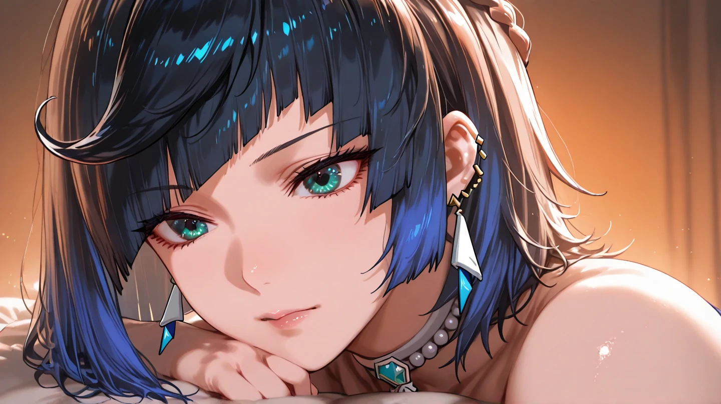 adult woman, (yelan genshin impact), focused upper body, realistic, (short hair), green pupils, sitting pose, leaning on table