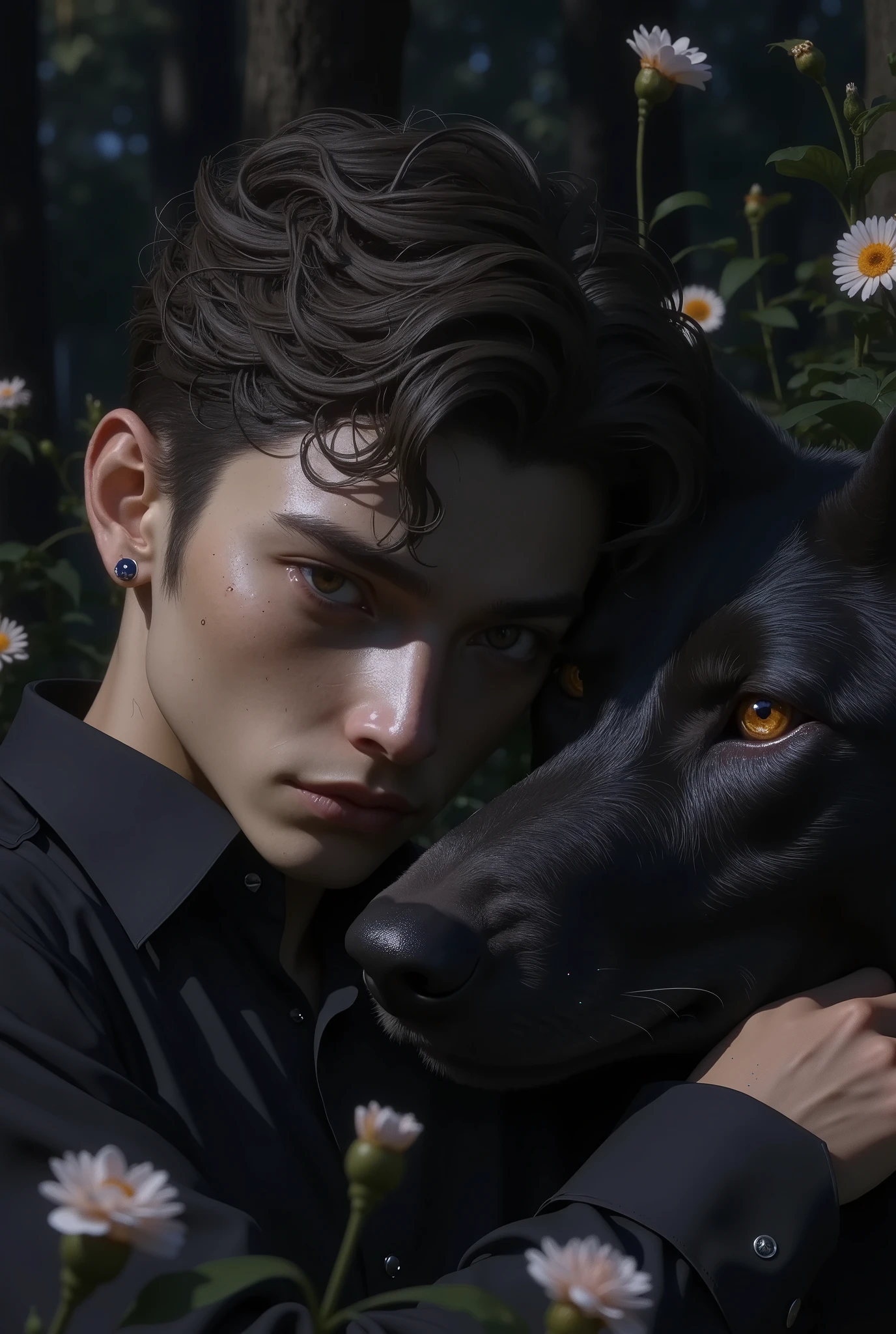 super detailed, UHD, 8k, epic realism, fantasy art, photo art. close-up portrait of In a forest filled with flowers and trees ,A man with short curly hair and brown eyes, with dark circles and a thin face, wearing a black shirt and next to him a big black wolf with brown eyes, in the background a dark room,, soft shadows, black background, cinematic lighting, hyper-realistic photography, 4K --v 6 --style photographic, Midjourney v6 photography hyperealistic