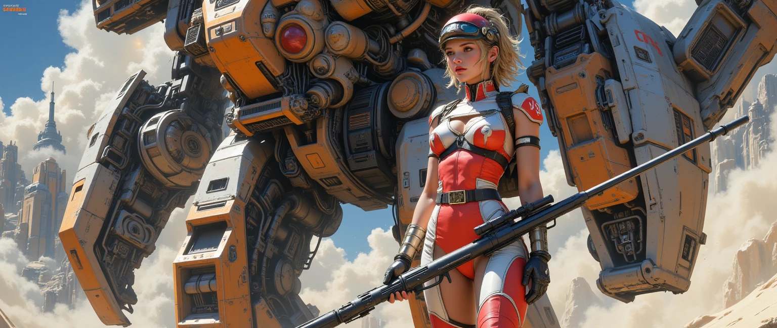 arafed image of a woman in a futuristic space suit holding guns, inspired by Stevan Dohanos, the sun up on the sky is strong, wearing crop top and miniskirt, promotional movie poster, reduce character duplication, a sexy blonde warrior, oompa loompa virus, cinemascope, heavy metal artwork, matriarchy --ar 16:9 --v 5.1