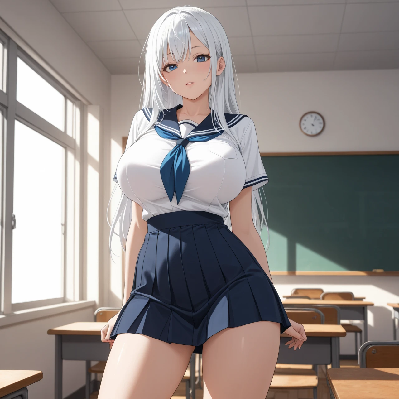 No pants、Crotch fully open、Shaved、Gravure photo , Tabletop , Highest quality, figure, Super detailed, In detail, High resolution, 8k wallpaper, Perfect dynamic composition, Beautiful attention to detail , Beautiful long straight white hair , Sexy Breasts , Natural color lip, Bold sexy pose, smile ,(Japanese School Uniform:1.2),Wind power increase, 16-year-old girl , cute , Sexy shot ,looking at the camera , random (Very sexual poses)