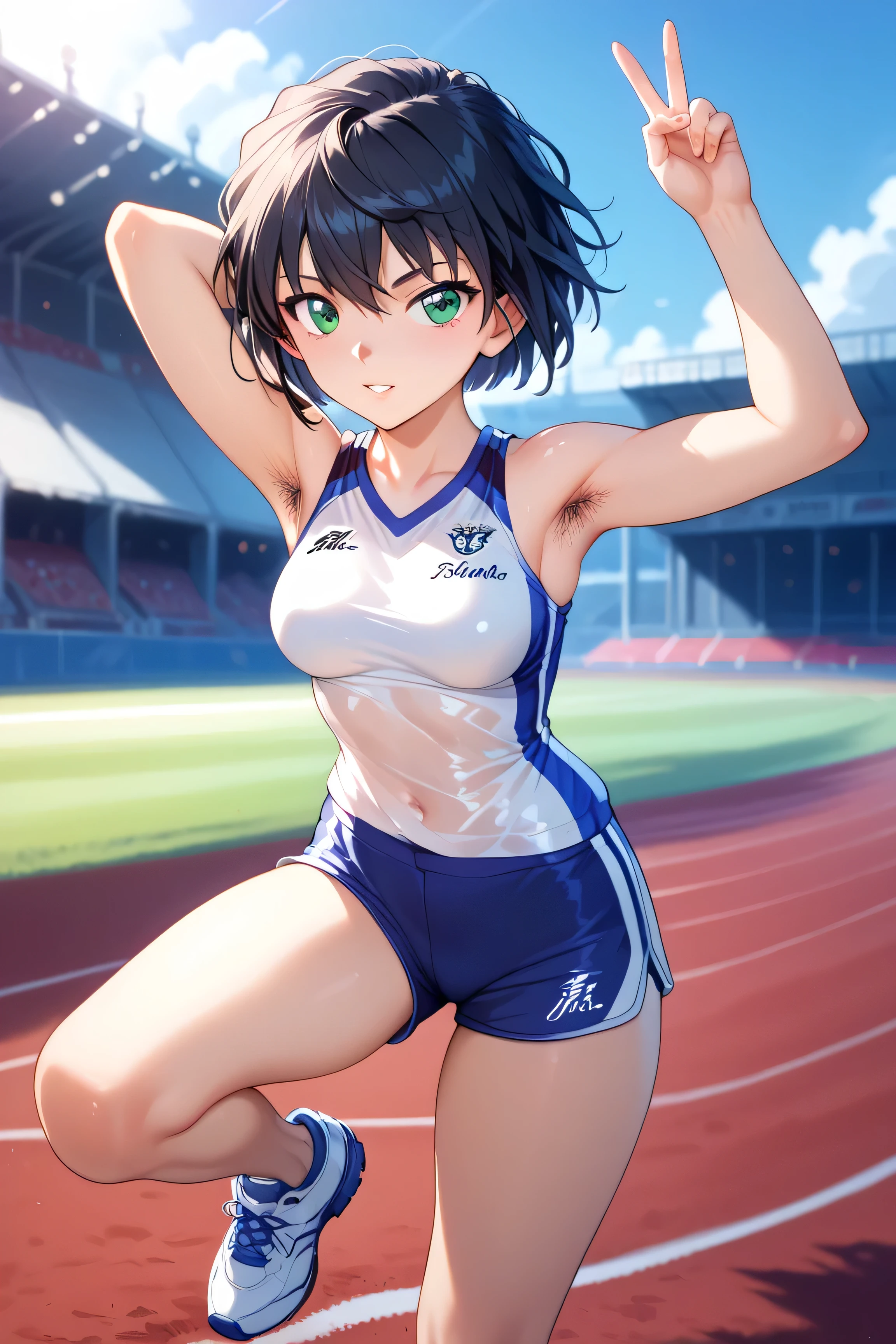score_9, score_8_up, score_7_up, source_anime, anime screencap, 1girl, short hair, black hair, big breasts, blush, from front, looking at viewer, standing, Track and Field, wearing Track and Field Uniforms, navel