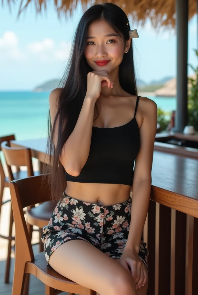 A girl, cubby chicks, brown eye,black hair,wear a red top, standing in a boat, looking at the viewers, smiling,one hand on her face