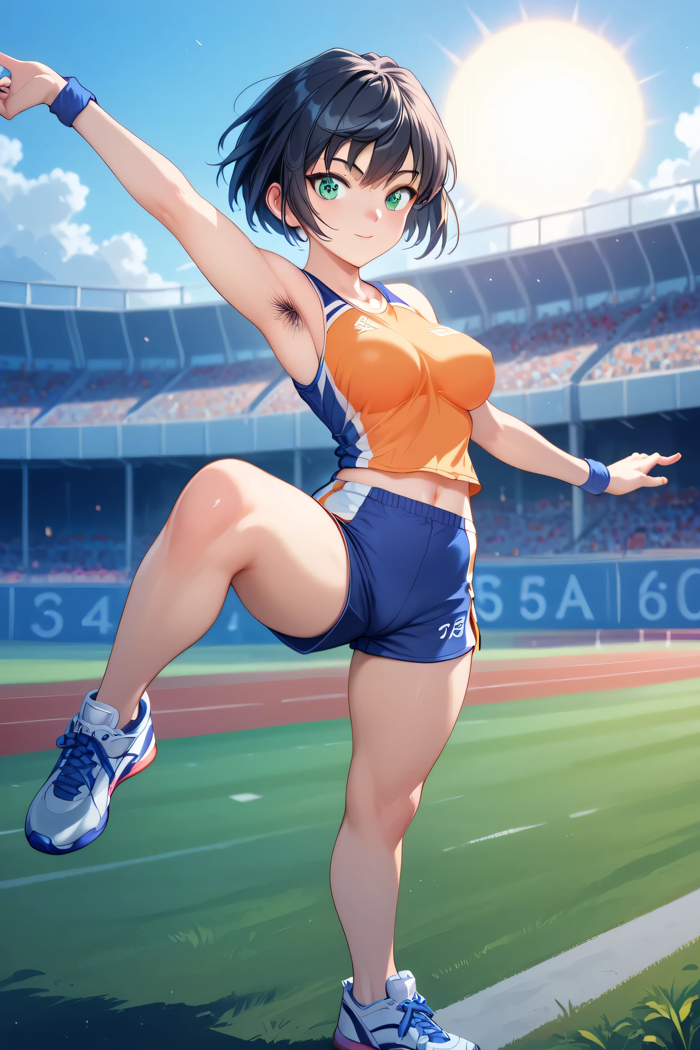 //Character (1girl), track and field athlete, perfect body, slim curve, medium large breast, ultra detailed face, super beautiful, innocent, cute girl, thin eyeblow, rond face, smiling full of compassion, half opened mouth, kissing face,beautiful short hair, tying up style BREAK //Fashion uniform of athletic uniform, it consists of gray racing bras with yellow rims and gray racing brief, dark navy athletics shoes , the uniforms are tight, BREAK at a studium , at noon , sunny day Break jumping over hurdles, dynamic pose, dyamic angle