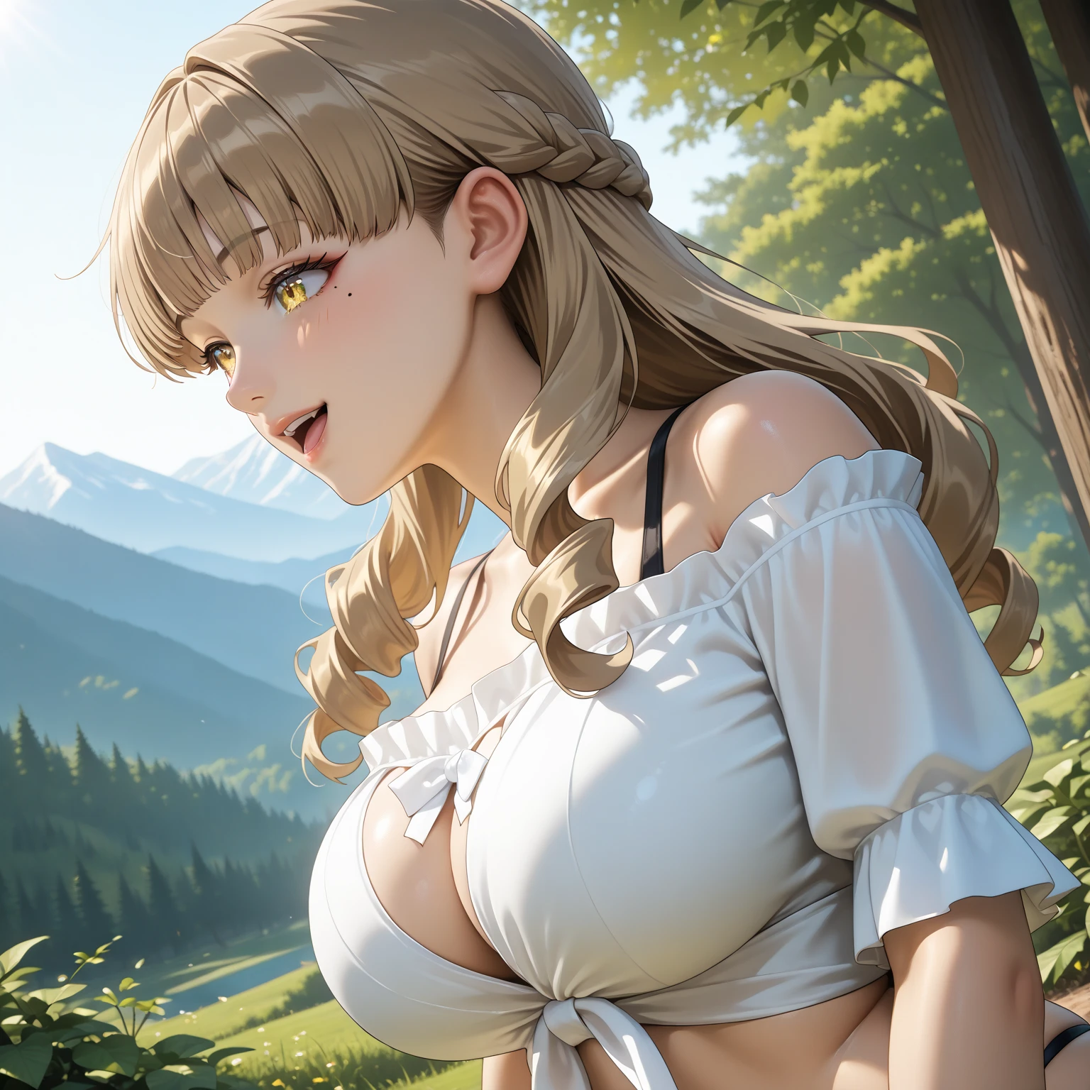 forest, cliffs, mountains, a girl on a hill in front of a giantess, a girl on a hill in front of the breasts of a giantess, (2girls:1.5), (size_difference:1.3), (height_difference:1.2)
a (giantess:1.4), (breasts and face closeup), face, naked, bra, (rear end:1.2), knight armor