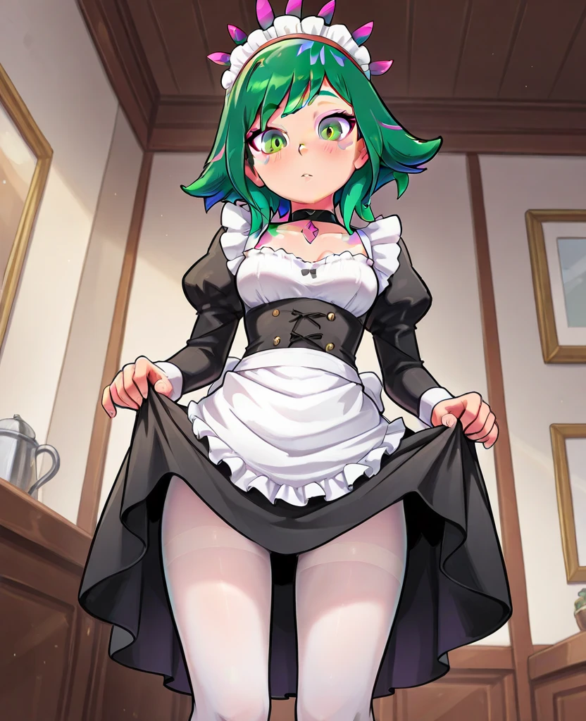 obra maestra, best_quality, 1girl, solo, gardevoir, pokemon \(criatura\), cabello verde, ojos rojos, vestido de sirvienta, mansion, sentada en el suelo, suspirando, manos en el vientre, sosteniendo su vientre, vientre de embarazo, embarazada, falda levantada, showing underwear, agua sale de sus bragas, bragas mojadas, rubor, mirada preocupada. Maid uniform. Ropa negra.