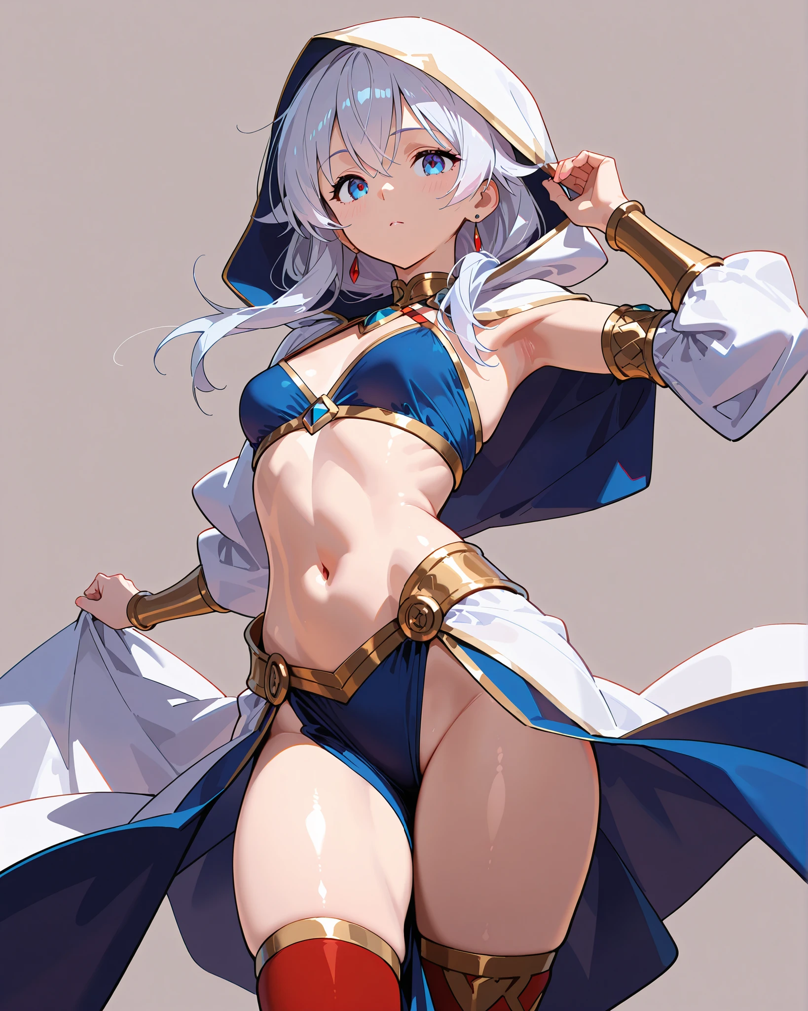 Bondama　silver hair　noble long hair　Raking up hair　Vtuber wearing a hood　brown skin　　blue eyes　eyes like diamonds　fluffy　White Bikini Armor　smile　cute　dark skin