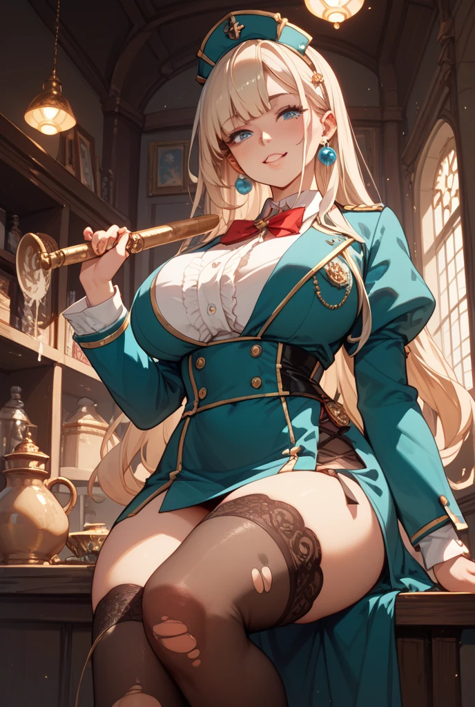 A young silver haired woman with green eyes with an hourglass figure in a pirate outfit is dancing in a tavern