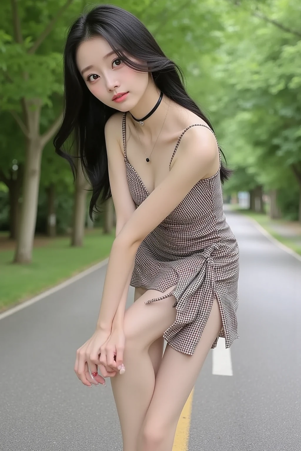 (((naked girl exposed))), a beauty girl,((Matte skin))、The wind is blowing、Well-formed face、((Not wearing pants))、fullnude、14years、８Head and body、a small face、A slender、Very skinny、skinny、torso, Short leg length、tiny chest,Ribs、discreet breasts、((Constricted waist、Smaller chest、small tits))、beauty legs、dented belly、Model body type、Lustrous hair、Backgrounds that look like real photos、(((NSFW)))、(((Thigh strap for only one leg)))、Rejoicing face、Girls who do their best to be fashionable、Only one person naked、Girls who take off at any time, tall、Height 185 cm、wrist watch、(((Reveal madness)))、country scenery、country road、