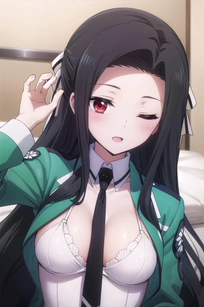 1 personの, alone, masterpiece, Highest quality, The Irregular at Magic High School, Mayumi Saegusa,Mayumi Saegusa, iris, Red eyes, eyelash, Black Hair, Long Hair, Back ribbon,High School Uniform, dress, white dress, collared dress, Jacket, green Jacket, cropped Jacket, open Jacket, Long sleeve, Large Breasts, (masterpiece: 1.3), (Maximum resolution: 1.2), (Ultra High Definition TV: 1.2), Cinematic Light, 8k resolution, Detailed facial features , (Sharp focus: 1.2), (Focus on the face:1.2),Perfect Style, Beautiful Face, Acura, Anatomically correct, Highly detailed face and skin texture, Beautiful Eyes,Beautiful Eyes, Thin eyebrows, Natural Cheeks, Glowing Skin, Fair skin: 1.2, (Glossy Lips: 1.4),、 (Embarrassed look: 1.2),Highly detailed face and skin texture, Natural Cheeks, , Glossy Lips: 1.4,Perfect Style、Cleavage、Soft Breasts、(Semen on chest:1.6)(Cum on thighs 1.5)、 Sperm on tongue、Drenched in sweat、Wet clothes、blush、A humiliating look、Anxious expression、Frightened expression、Embarrassed look、Glare、anger、sorrow、tears、(Open your knees:1.5)、(Spread your legs:1.5)、 White underwear、Disheveled clothes、sweating、Thin underwear、1、 clear, A clean-cut woman,1 person、 Upward-facing chest, Black Hair、blue eyes、Beautiful Eyes、Torn clothing、(masturbation behavior:2.0)、At the bed、(On my back、At the bedLying down、Lying down、White sheets:1.7)、avert your eyes、