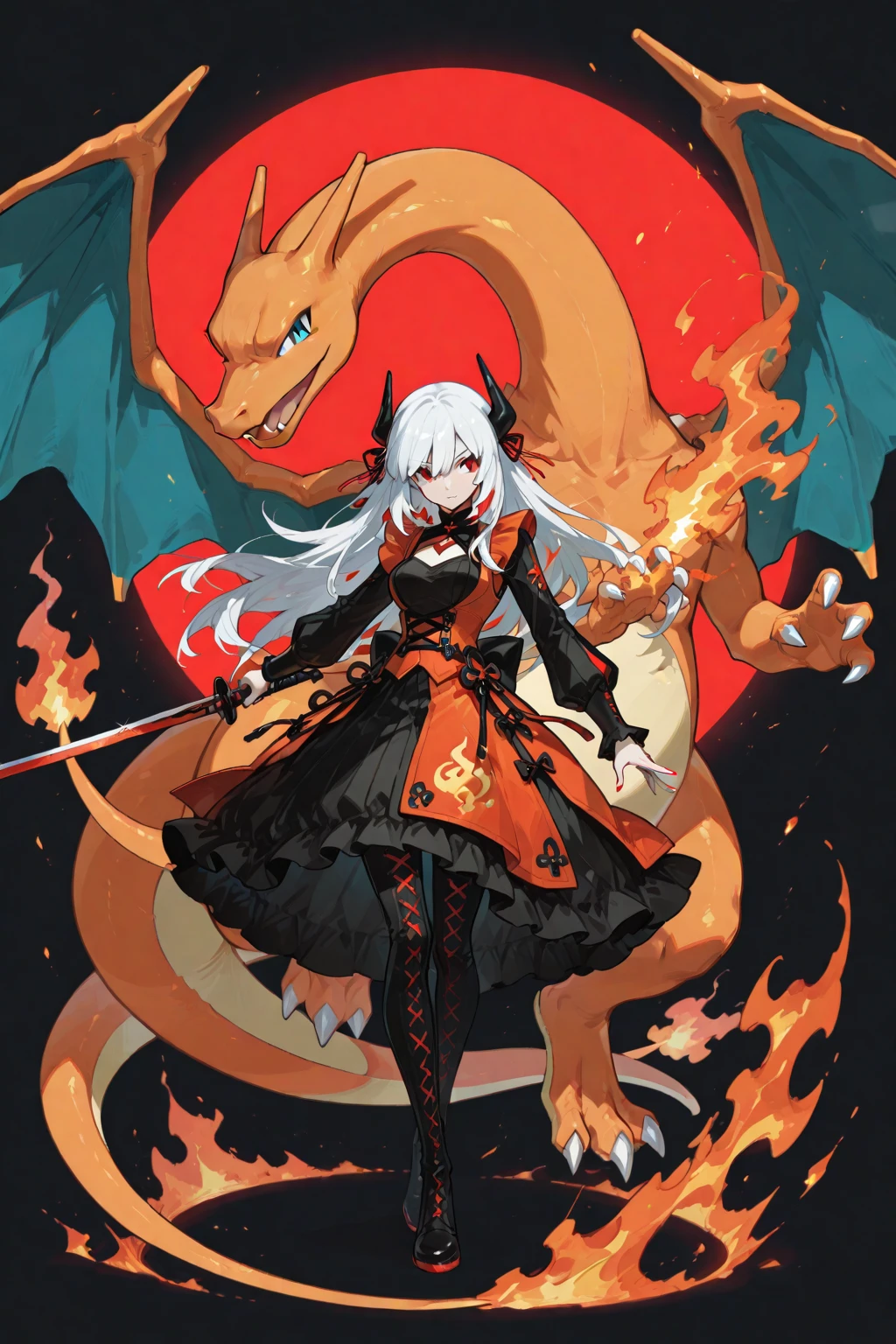 1female, silver hair with subtle dragon-scale highlights, styled in flowing waves, emerald green eyes, fierce yet elegant expression, dark red and gold dragon-themed corset, flowing black skirt with scale patterns, knee-high black boots, dragon-shaped earrings, ethereal misty forest background with ancient ruins and glowing runes, detailed face, hands to side, standing on path