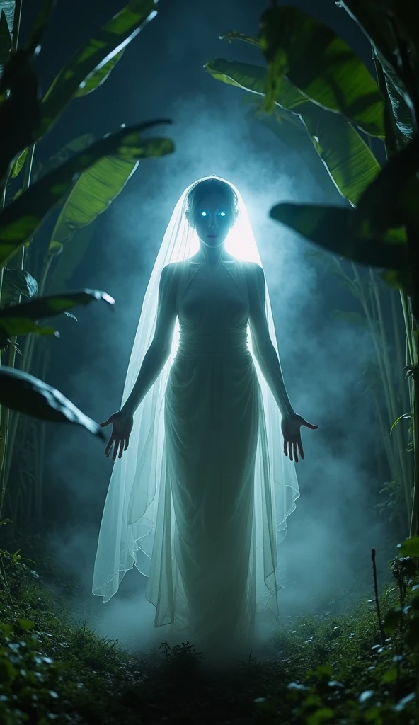 a beautiful young woman (Mila Kunis, age 25), wearing a sheer nightgown, standing in a trance-like state outside her house, a UFO hovering outside the window, extending giant slimy eldritch tentacles that restrain her arms and legs as it draws her into the UFO, dark moody lighting, cinematic composition, highly detailed, photorealistic, concept art style