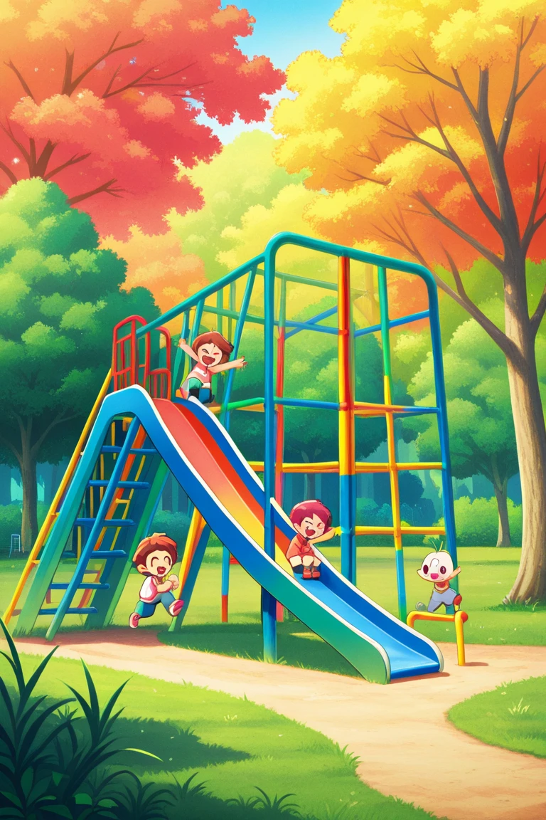 Three children on a slide, sliding together, peek-a-boo spring scene, realistic, illustrative, 4K image.