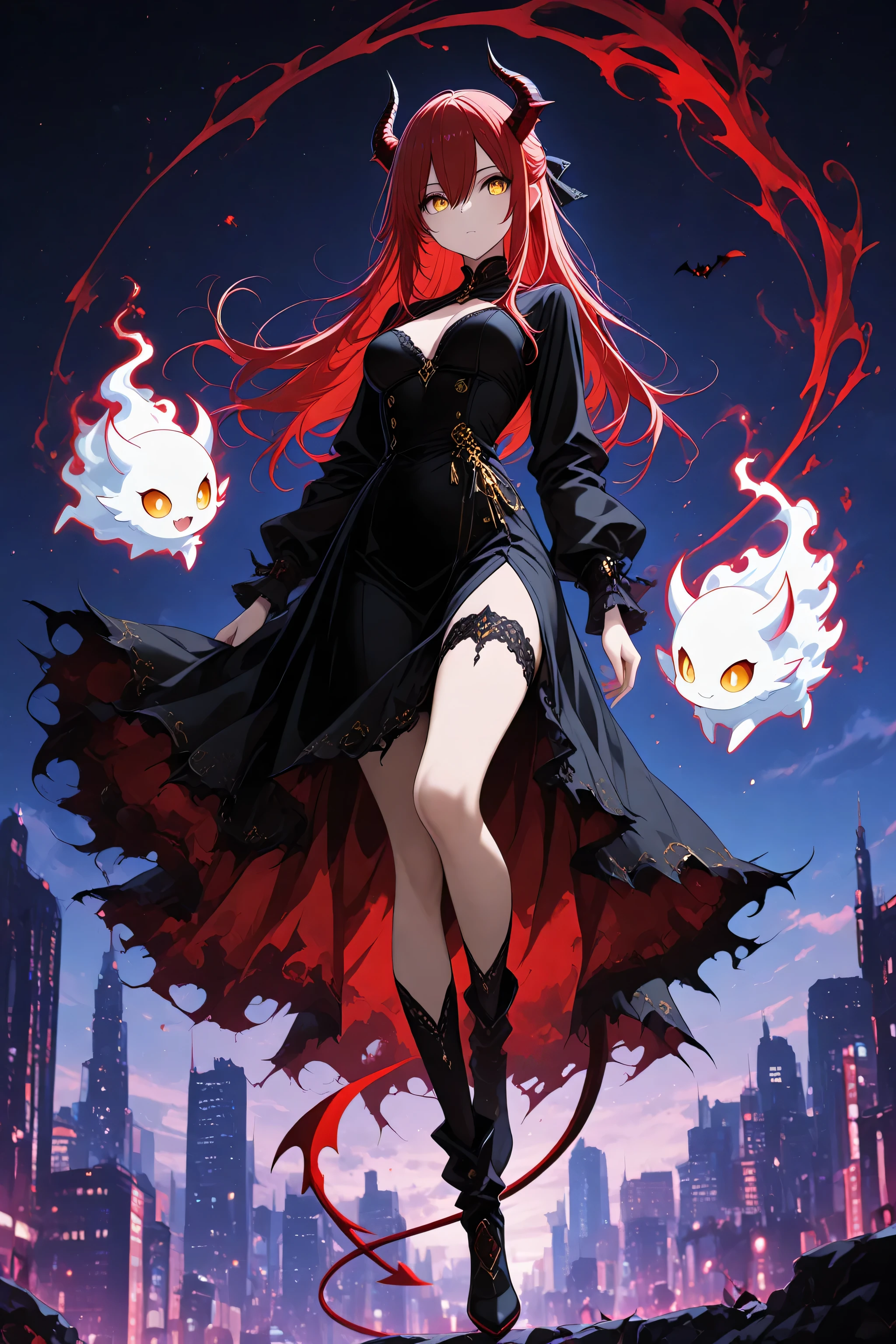 anime screenscap,1 girl , golden eyes , very long hair , long sidelocks, red hair ,half updo, petite , very cute , beautiful ,Straight hair, cool, handsome, hair between eyes, sexy, medium breasts , sweet fluffy dress, solo, close-up, full body, looking at other, (cute little demon, spirit, imaginary spirit), city,  dynamic pose,