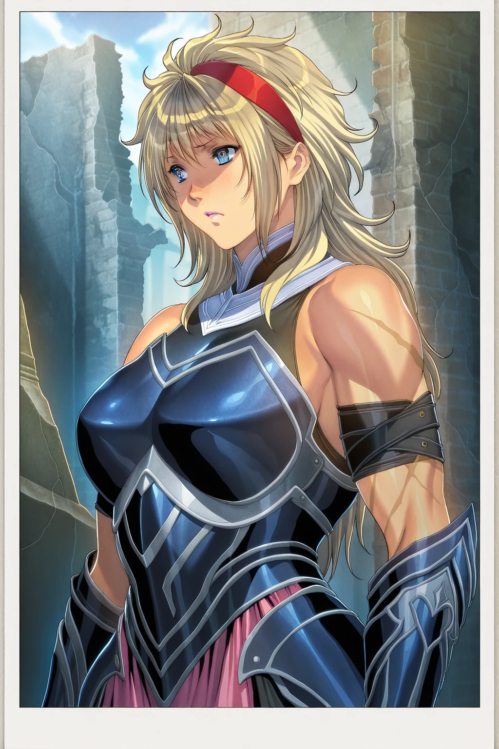 masterpiece, best quality, LeinaV4, 1girl, solo, armor, cowboy shot, standing, outdoors, night, moon, thunder, loincloth, buckle, cleavage, weapon, sword, armor, shield, gauntlet, glove, <lora:LeinaV4-09:1>