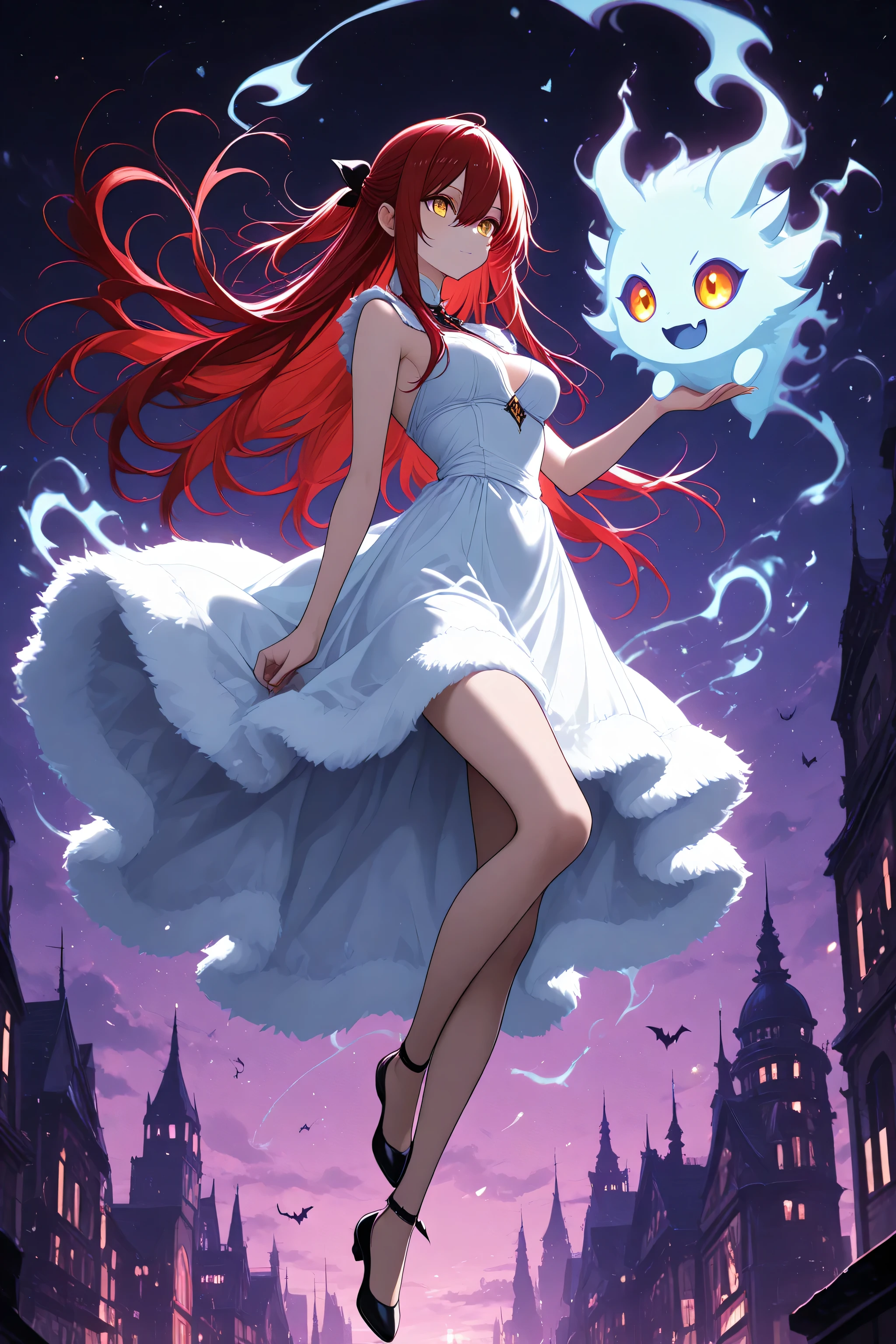 anime screenscap,1 girl , golden eyes , very long hair , long sidelocks, red hair ,half updo, petite , very cute , beautiful ,Straight hair, cool, handsome, hair between eyes, sexy, medium breasts , sweet fluffy dress, solo, close-up, full body, looking at other, (cute little demon, spirit, imaginary spirit), city, dynamic pose,