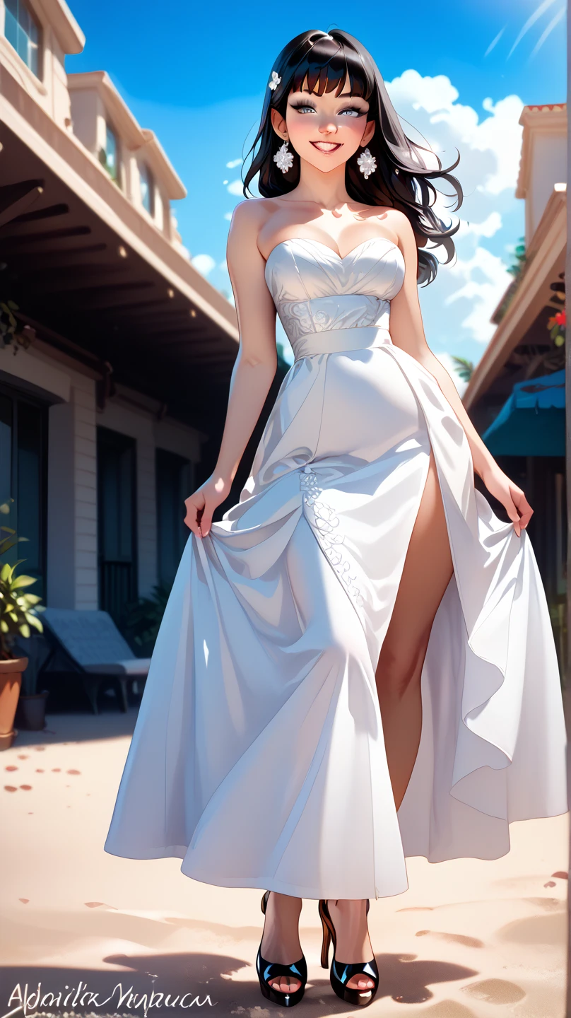 The best quality, the best image quality, high-definition drawing. 8K UHD. A beautiful Japanese girl, a gravure idol. An elegant wedding dress with sparkling diamonds scattered like sequins. Smiling, holding a bouquet. Inside the chapel. Indoor light.