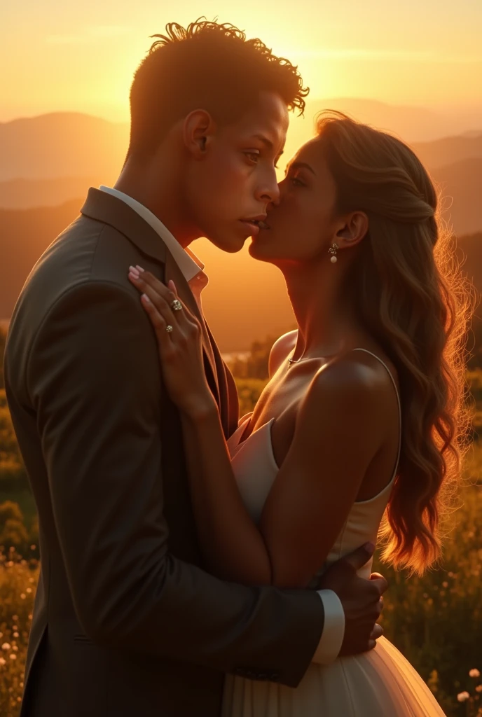 um homem elegante e formal, cabelo castanho escuro, Hugging a beautiful woman, (estilo executiva ) That yummy hug romantic movie style, melhor qualidade, imagem realista e de alta qualidade, Cinematic embrace.