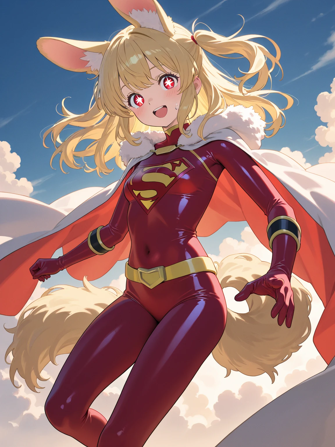 Raphtalia woman 35 years old straight floating, pelo naranjo , rounded bear ears, red eyes like ruby, traje de superhéroe blanco. pecho descubierto, capa azul.