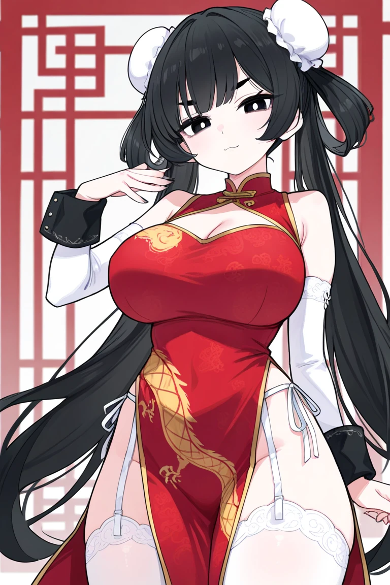 1 Woman, mature, High (1.85 cm), looks about 35 years old, has long black hair, straight and shiny, tied in the Chinese Taoist style, majestic black eyes, Extremely detailed eyes, perfect eyes, đôi mắt cực kỳ thực tế, balanced eyes, Long eyelashes, Anime style, perfect face, milf face, full red lips, mature, smooth white skin, natural body, sexy body, milf body, Perfect hands, detailed hands, arms in proportion to the body, đôi tay thực tế, arm with good anatomy, She was wearing only a red Chinese style dress decorated with gold and silver with phoenix motifs woven into the dress but still could not hide her extremely large and gigantic breasts., very big breasts, four hands can lift,breasts sag due to their size, thick thighs, wide hips, look at the viewer, The background is a Chinese-style pavilion., pose alone, look at the viewer.