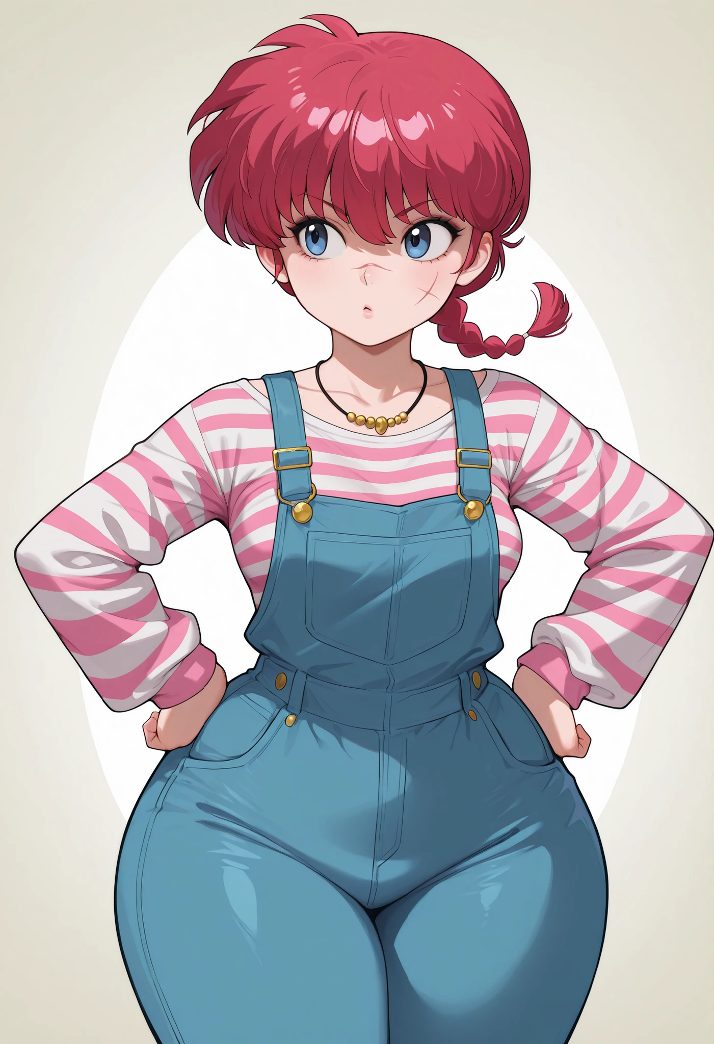 safe_pos, Ranma Saotome. red hair. pigtail. blue eyes. braid. small breasts. huge hips. necklace. black eyeliner. pink manicure. | highres, hi res, best quality, realistic, realism, masterpiece, thick thighs, wide hips, saggy breasts, curvy, 1girl, solo, shortstack, ChuckyXLP, scar on face, stitches, striped shirt, overalls, striped, striped sleeves,