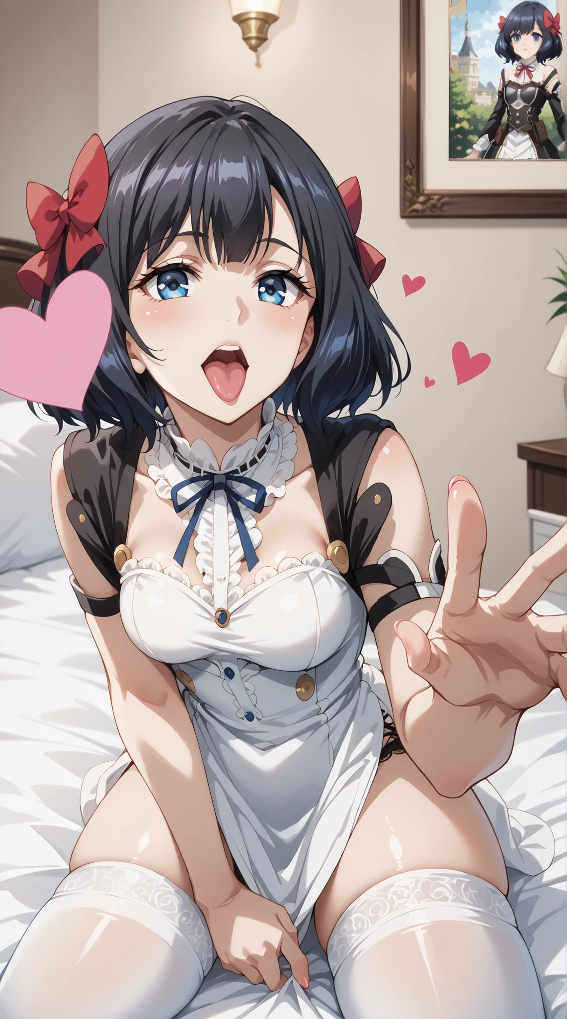 (:1.2), blowjob,AK,tongue licking,
black hair,blunt bangs,straight hair,shiny hair
,BREAK,
dress, {{{blue dress}}},
gloves blush, bow, frills, hair bow, collarbone,idol, flower, choker,layered dress, pink bow, frilled dress, sleeveless,BREAK,
naughty smile,disgusted face,{{{disgusting:1.5}}},disdaining,
{{{disgusting:1.5}}},open mouth,BREAK,