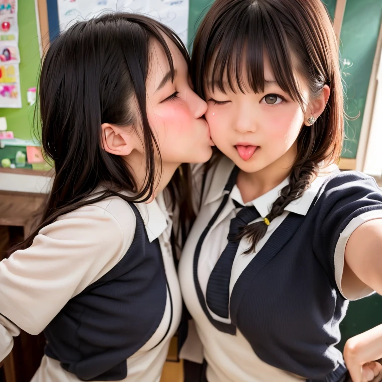 NSFW, ((Japanese woman wearing an extremely fat school uniform)), ((school uniform)), kissing, ((sticking out their tongues at each other)), classroom, Japanese, 8k, High resolution, masterpiece, highest quality, long_tongue