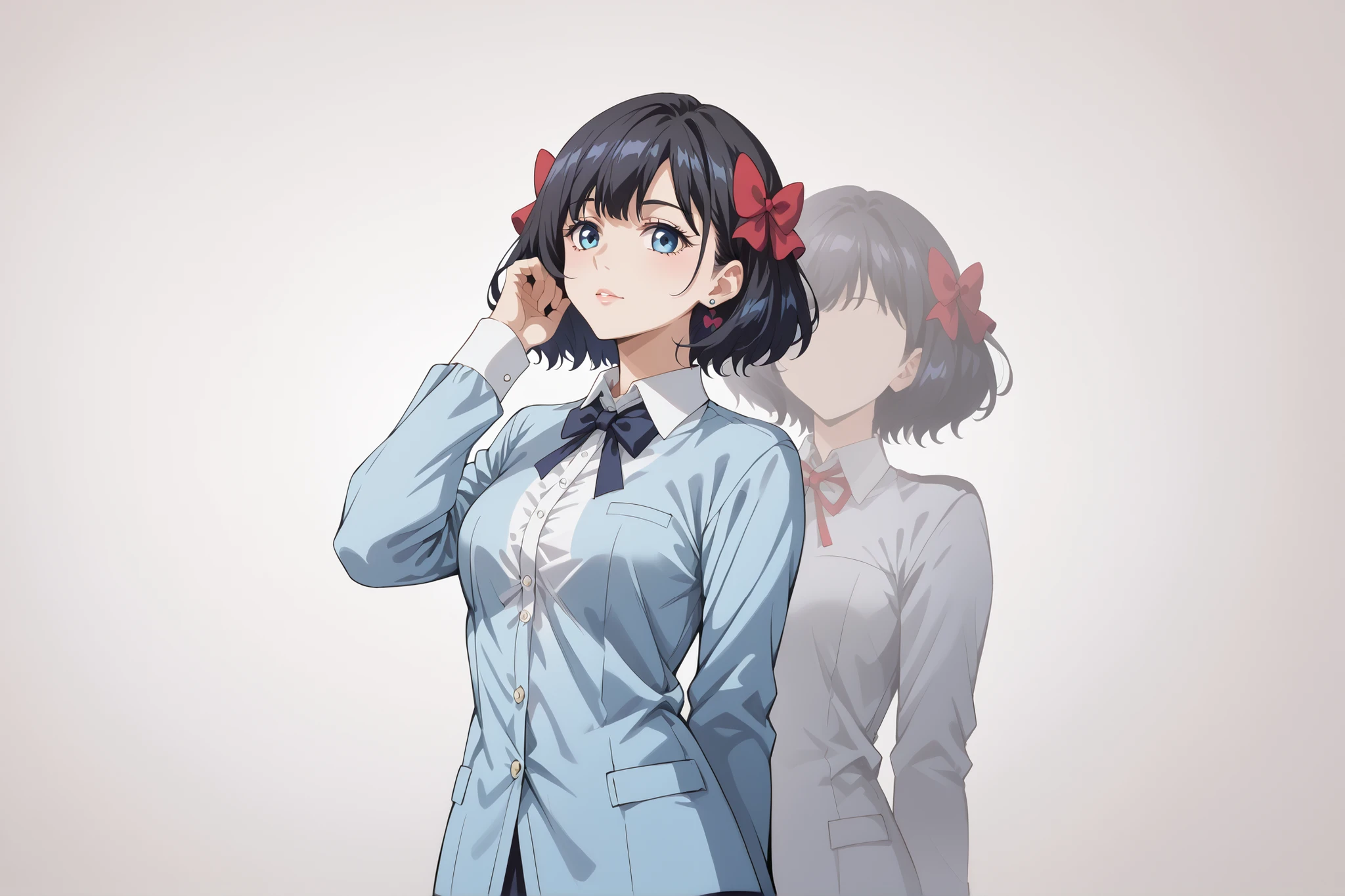 score_9, score_8_up, score_7_up, source_anime, 4K,perfect fingers,(perfect hands, perfect anatomy),prefect lighting, very aesthetic, intricate details,highly detailed background, masterpiece, high quality, best quality,
tino shade, short hair, blue eyes, black hair, bow, hair bow, red bow, Large Breast,
wearing ((light-blue long-sleeve collared top, small stud earrings, )),
posing slightly turned, pleasant, slender figure, casual, touching her ear, left side of the frame, looking three-quarters towards viewer,
simple, clean studio backdrop (color: light-pink), portrait shot, soft lighting, photorealistic style, detailed skin texture, slight shallow depth of field, focus on face and upper body, high detail, natural beauty aesthetic, flat light,