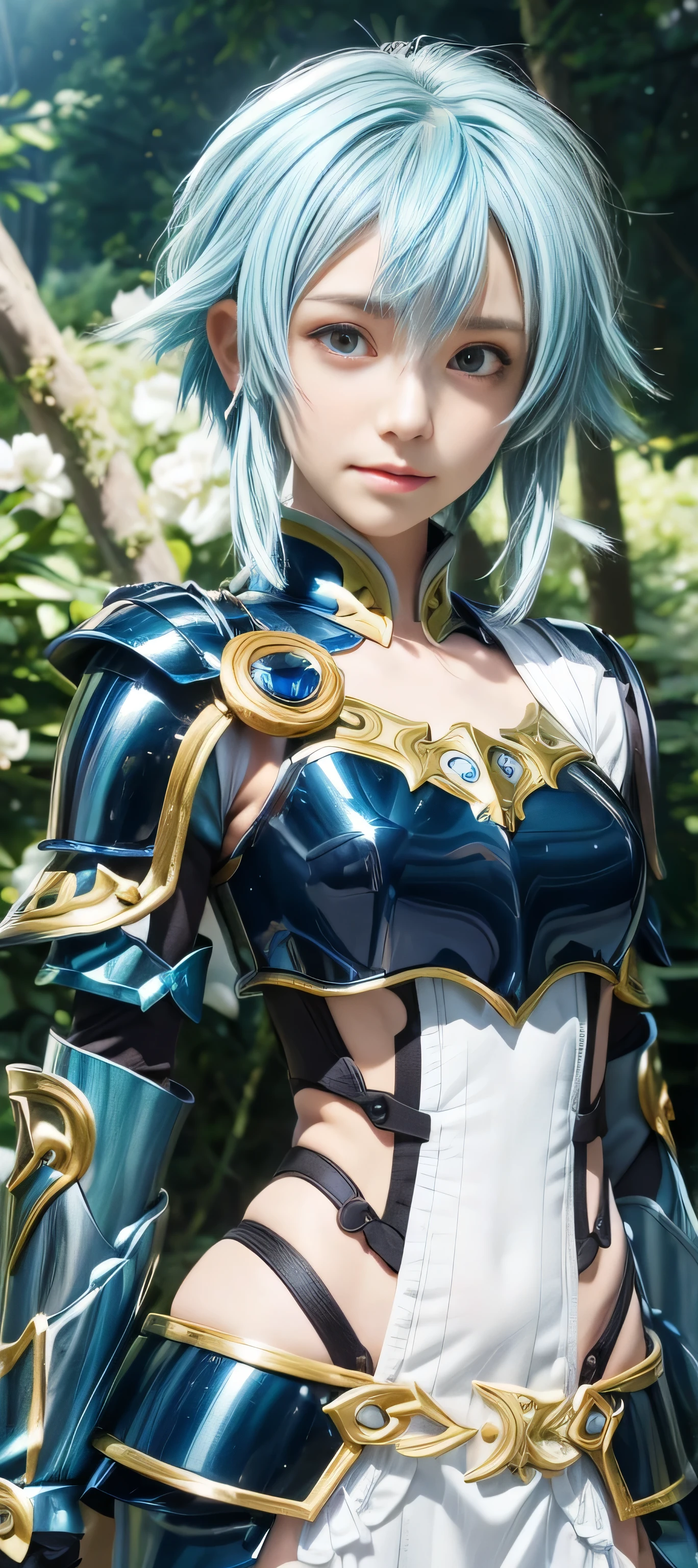 masterpiece, best quality, (realistic,photo-realistic:1.4), (RAW photo:1.2), extremely detailed CG unity 8k wallpaper, delicate and beautiful, amazing,finely detail, official art, absurdres, incredibly absurdres, huge filesize, ultra-detailed,extremely detailed eyes and face,light on face,sinon,(little smile),(blue hair:1.4),(very short hair:1.5),sidelocks,forest background,(god cloth:1.5) ,(sidelocks:1.4),(blue armor:1.5), white dress