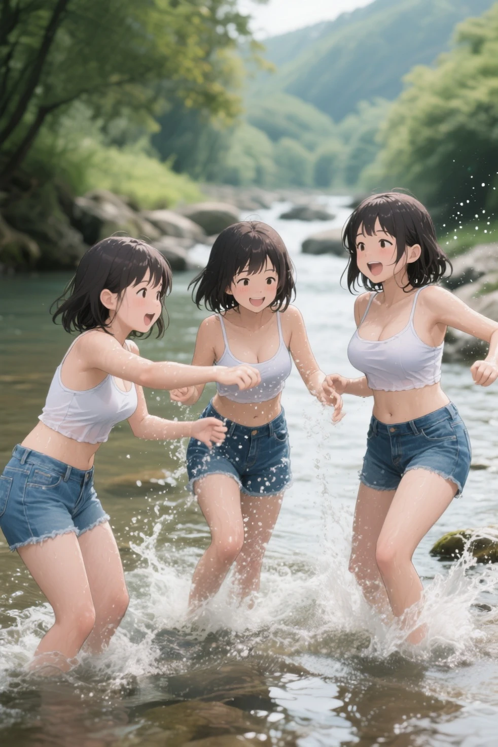 ((highest quality)), ((masterpiece)), (8K), perfect face, smile、open your mouth and smile、close ~ eye、embarrassed look、strong light、shining sun、group shot、abs、precision small needle, four women are posing for a camera outdoors in the water, ((topless)), (small chest)、((Completely naked)), nipple are visible、nippleが丸見えです、multiple girls, nipple, chest, realistic, ((4 girls)), 10 years old, 9 years old, 8-year-old, 7 years old, ((No panties)), Pussy, brown hair, blonde, belly button, jewelry, looking at the viewer, necklace, topless, water, , Wet, long hair, short hair,