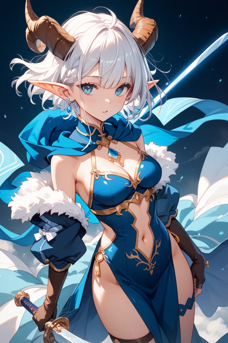 White Hair, Long Hair、Red eyes ,Blue eyeshadow, One Girl, alone, , Earrings ,Show Viewer, blush, , long white elbow satin gloves, Clothing covering the chest Jewelry, very, A kind smile, Long white elbow gloves, White gloves, 、whole body、sexy、Knee-high socks、Sweaty。High resolution、8k、Attractive legs、Brown Skin Elf