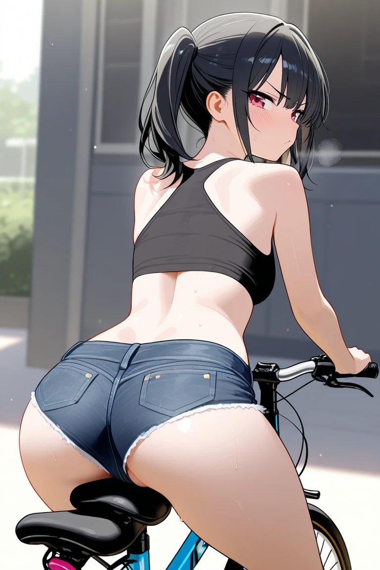 a girl sitting on black bicycle, dolphin shorts, ass, looking back,