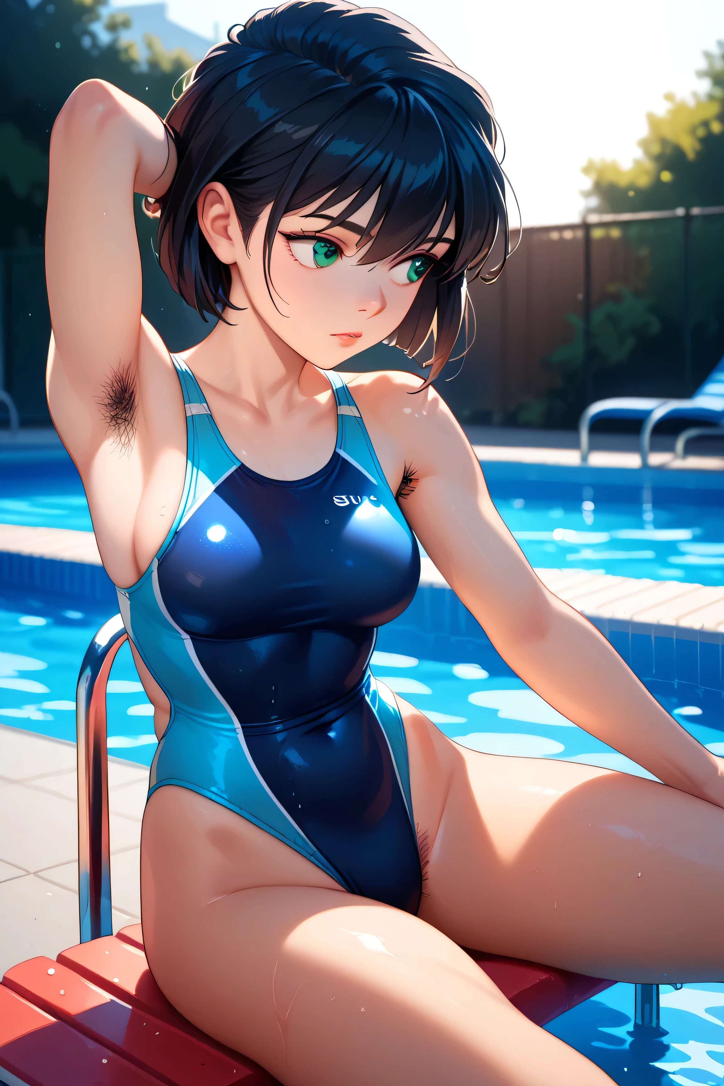 woman，Black Hair、short hair、14 years old、C cup breasts、Visible nipples、裏路地に排尿するwoman、Navy blue swimsuit、One piece swimsuit、School Swimsuit、Squat Pose、Spread your legs、Electric shock、Sweat、barefoot、Hairy armpits、Underarm hair、lipstick、blush、Hands tied to a pole