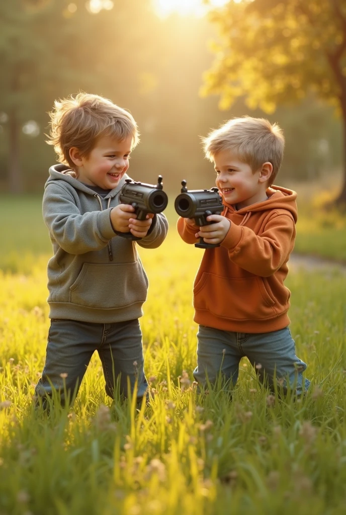 realistic photo of two children (of male gender) grappling with a gun(similar to a shotgun) on the terrace of a house. The photo is from a security camera children with different clothes, brown colored gun