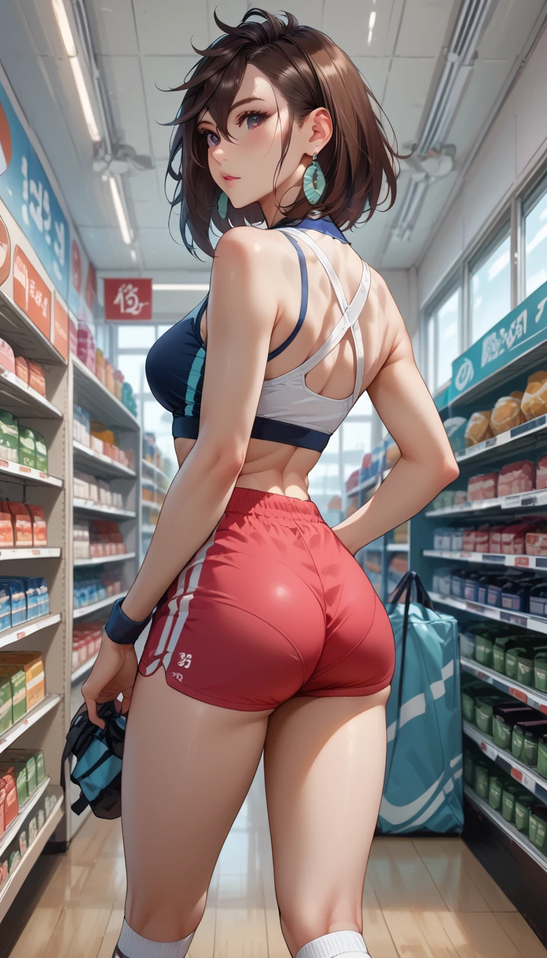 A young woman is shopping in the city. She is wearing white underwear. Her hips are big. The market is crowded. It is evening and it is sunny.