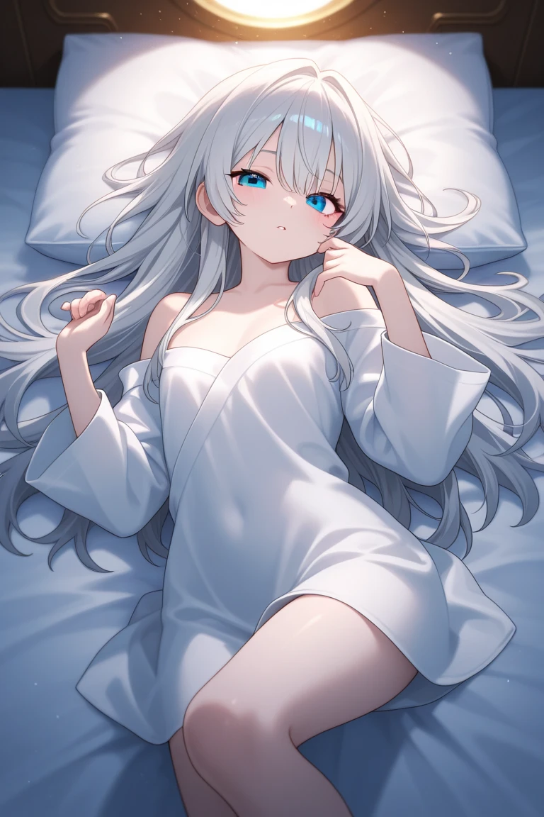 (((See details: 1.4))) Kindergarten ren, (Sit down (bed), (((Half nakedCinematic Light, Curvaceous and slim body, Her skin is pure white, soft, Smooth and, ((NSFW)), Very delicate and beautiful CG illustrations, Highest quality, High resolution, Dynamic Angle, full-length lens, (1 girl), floating, soft light, High key lighting), Dazzling Light, Purple halo, fluttering background,  (((Wearing only a white (Pure)  Tank top))), ((Very cinematic: 1.5))