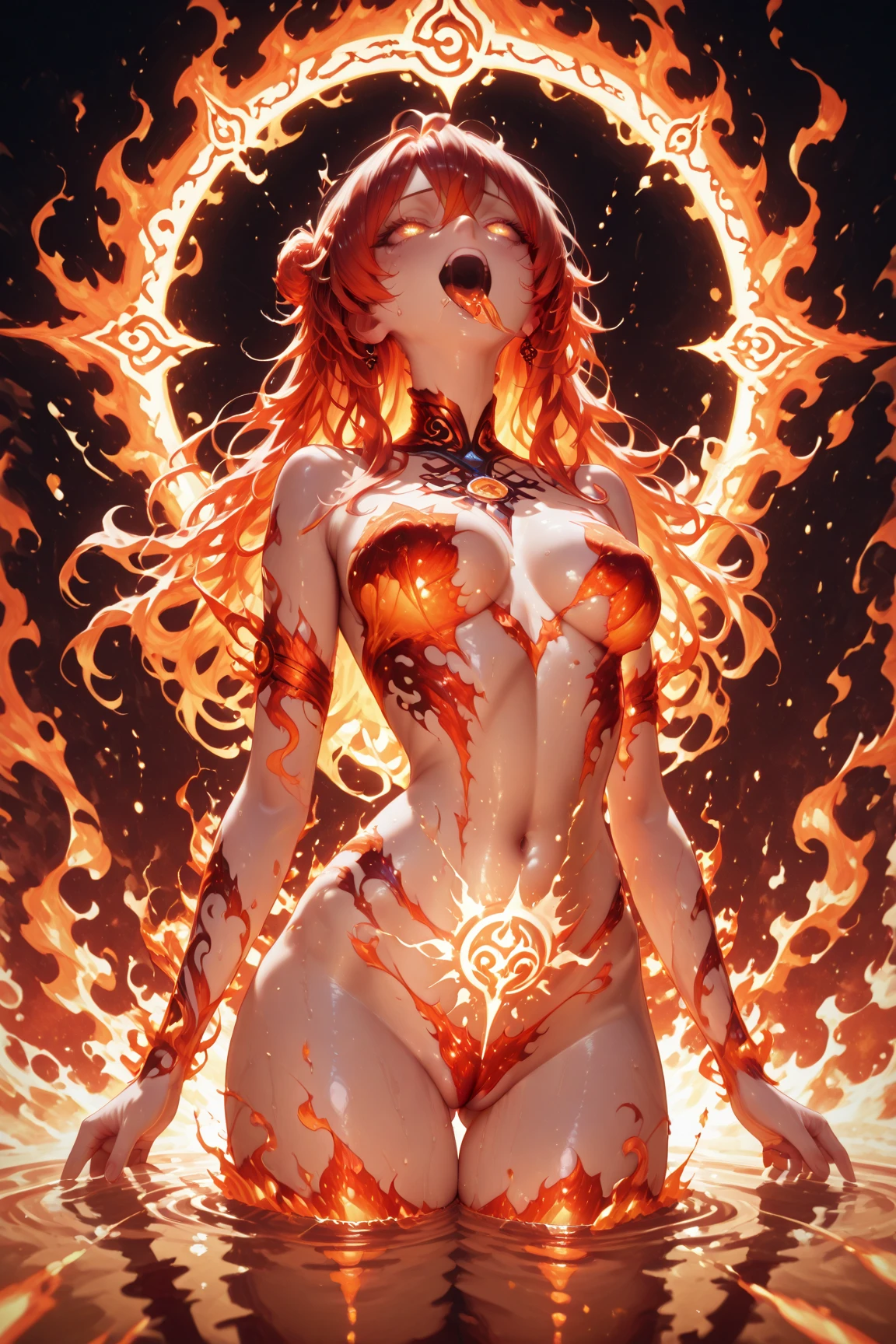 (((golden eyes)))、facial scars、hair ornaments、naked、(((red pubic hair)))、female organ、strong wind、storm、tattoo、Engulfed in flames、Beautiful Girl Magician、red hair long、((whole body))、(((photo taken from below)))、darkne magic circle