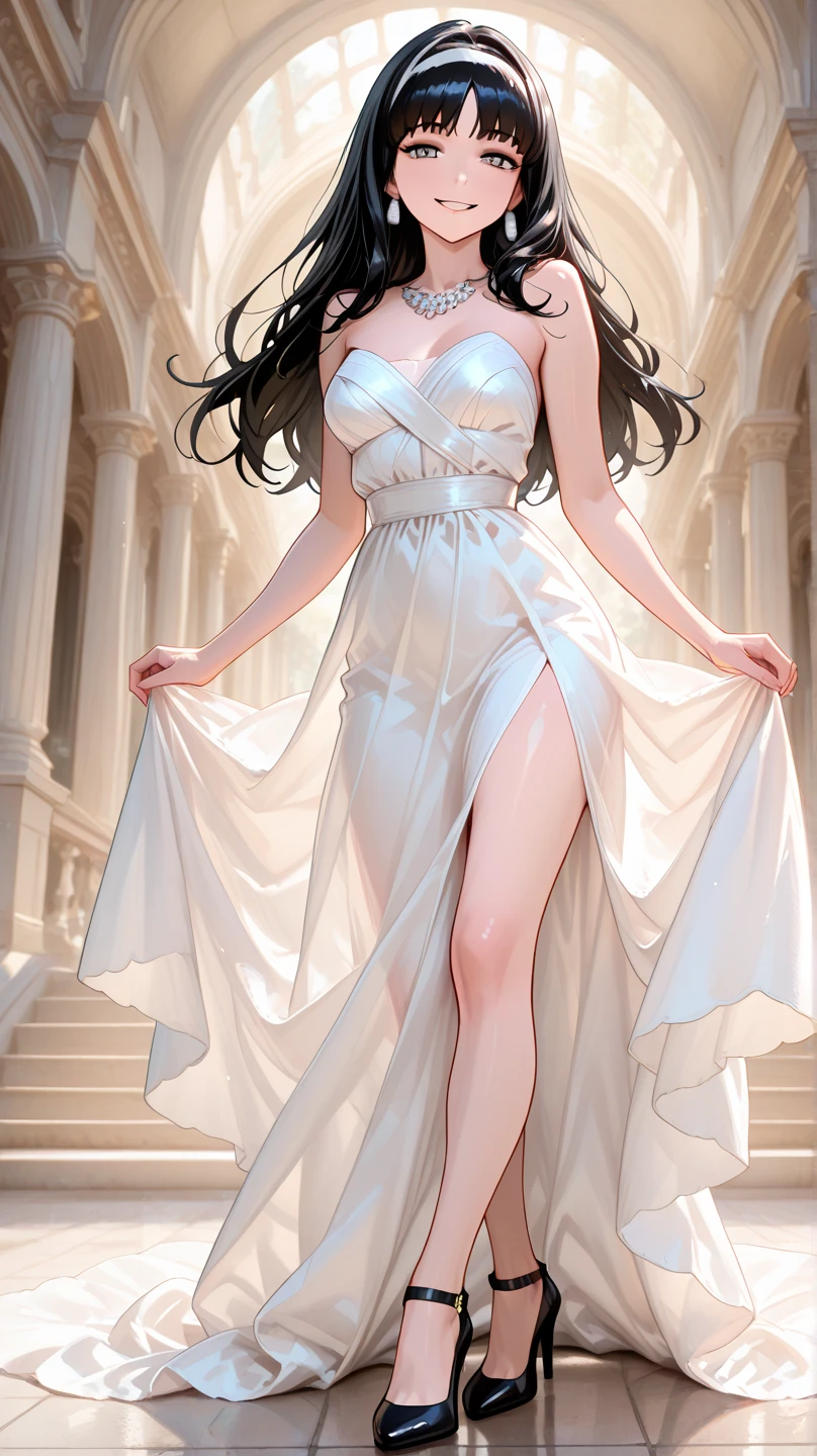 strikingly beautiful young woman named Laila, long dark hair cascading down her back, deep brown captivating expressive eyes, soft white skin, slender figure, loosely fitting short sleeveless white dress with daring cut, revealing legs stopping at thighs, graceful pose, highly detailed portrait, realistic lighting, masterpiece, 4k, resolution