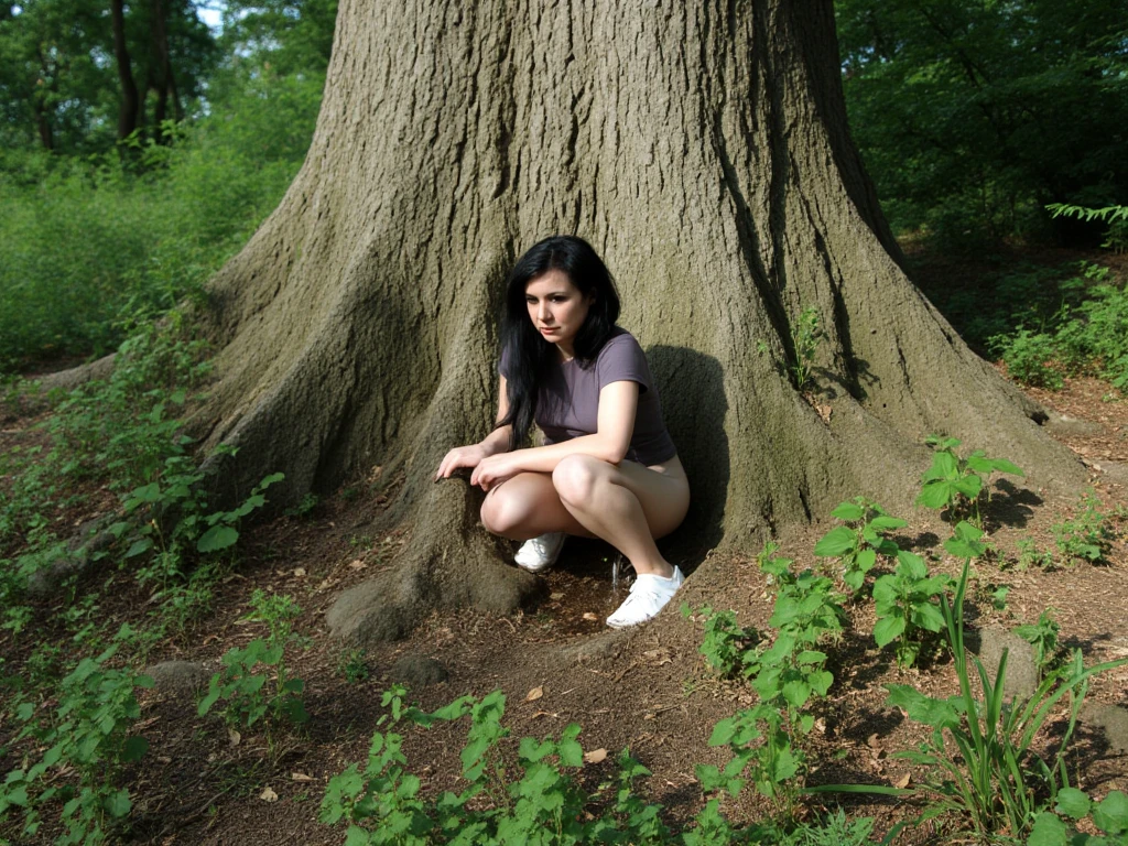 A naked woman Wearing nike shoes, hiking chlotes, entangled in leafy vines on a Hillside cliff, rock, body covered in moss, entangled in roots of vines, roots of leaves covered, beautiful woman, big breasts, legs open showing pussy, big root fucking her pussy, mossy tree roots piercing her pussy, wet vagina, sensual body, big breasts, short wavy hair, beautiful Asian woman, jav idol actress, tied up with tree roots, misty Hillside cliff background, very realistic, very realistic,