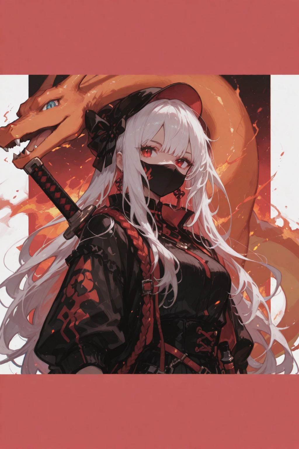 Long white hair, red japanese oni mask, pale skin, red eyes, slender face