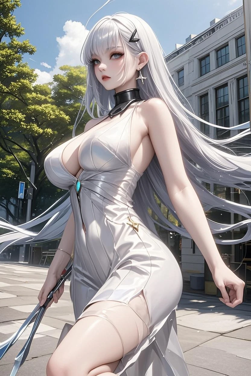 ((obra-prima)),(mejor calidad),(Dedos detallados),(1 mujer), (Estilo anime 8k), seductora, Pelo rojo, ojos azules, Camisa blanca transparente con detalles deslumbrantes, (Cuerpo meticulosamente detallado), Pechos mega grandes, quardril largo, OPPAI, edificio, waifu, Mirando al espectador