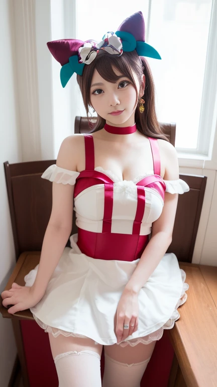 There is a woman sitting on a bench in a restaurant, spread legs,show white panties,sexy,anna millers uniform、She is raising her right knee and showing her white panties.、spread your legs,Show white panties,thin waist、big exy ponytail、Sexy、Girl to La(Girl and La)(Girl and La)(Girl and La)(Girl and La)(Girl and La), Ayaka cosplay, white and orange breastplate, maid dress, anime girl cosplay, , wearing a maid outfit, cosplay, maid costume, maid costumeを着たアニメの女の子