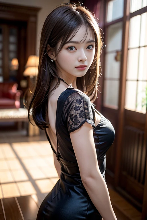 Beautiful woman,View your viewers, High Contrast, Low light, Vibrant, Very detailed, Brown Hair Color, Glowing Eyes、 With a middle school student-like face、Flat Body、accelerated background blur、Enako、Enako、Enako、Live venue background、Idol's clothes